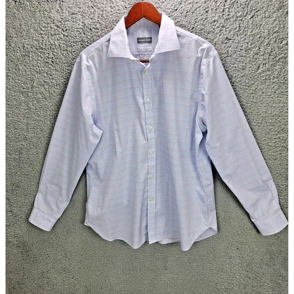 Michael Kors Shirt Mens 17 34 35  XL Blue Plaid Slim Fit Air Soft Button Front